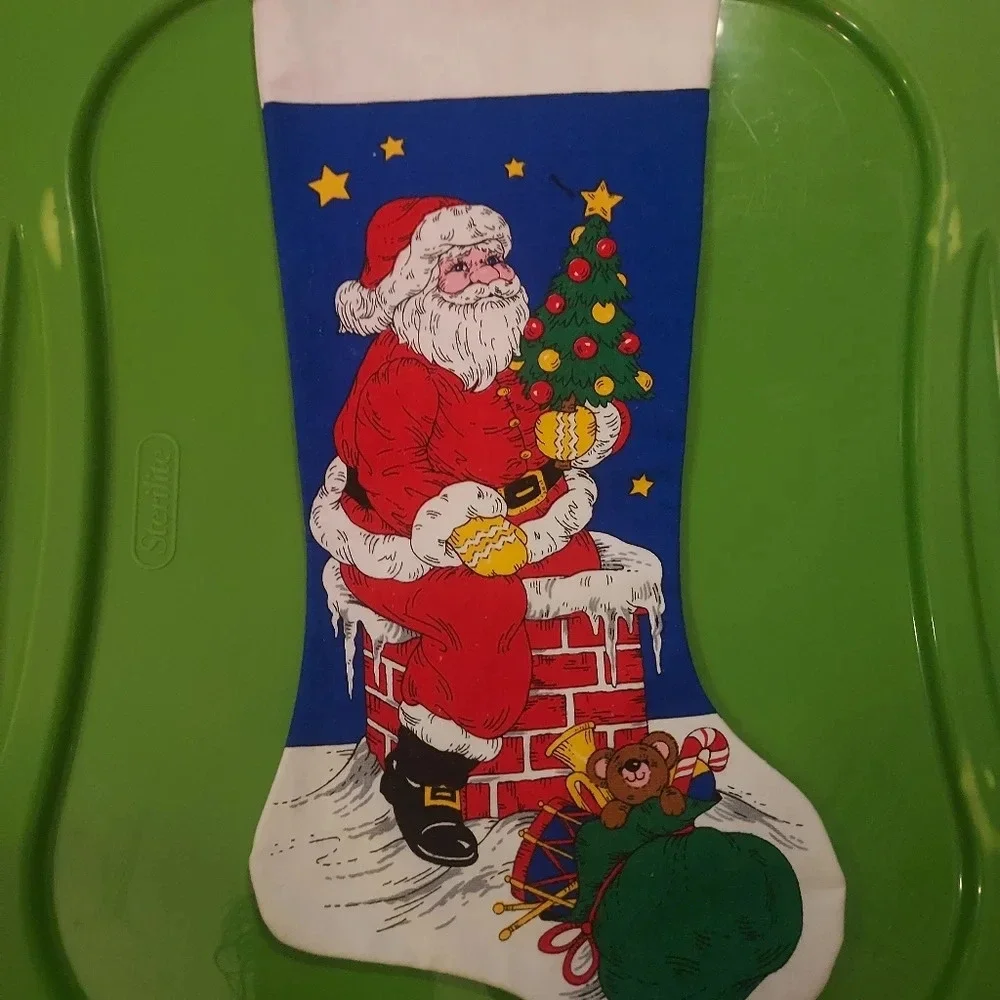 Vintage Cut and Sew Christmas Stocking Featuring Santa Holding Christmas Tree